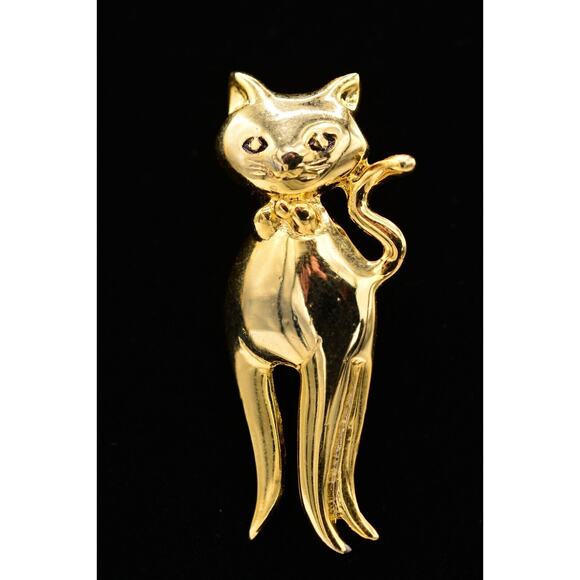 Vintage Cat Pin Brooch Pretty Gold Tone Shiny Metallic 1980s BinAJ - Picture 1 of 12
